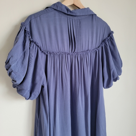 Blue Mineral Washed Button Down Puff Sleeve Bookgirl Academia Shirt Dress - Picture 6 of 12